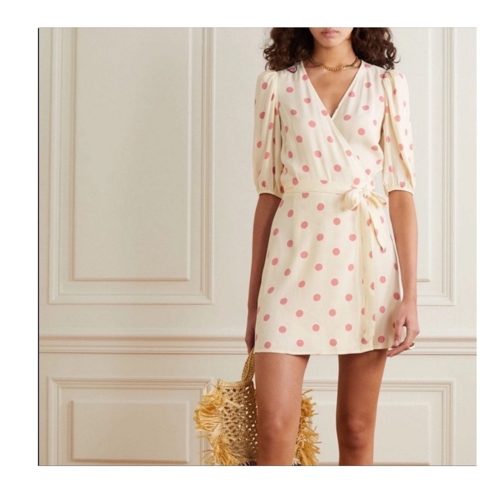 Reformation Olince Polka Dot Crepe Mini Wrap Dress Cream Pink Puff Sleeve Small